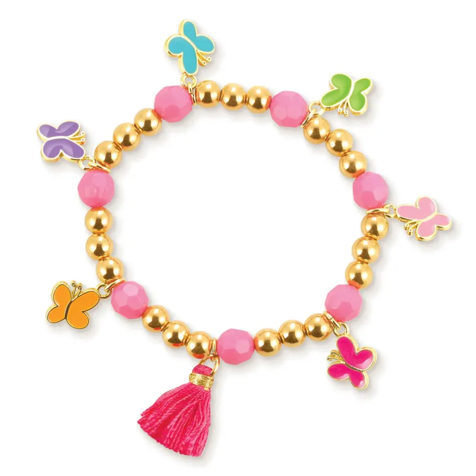 Girl Nation Butterfly Kaleidoscope Beaded Bracelet with Pink Tassel